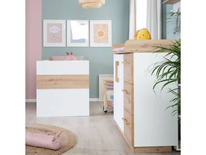 Möbelset 'Lion 2-teilig - Kombi-Kinderbett 70x140 + Wickelkommode breit - Weiß - Dekor 'Artisan Eiche' de roba – photo produit