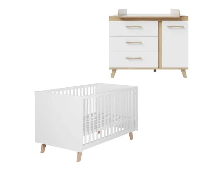 Möbelset 'Smile' 2-teilig - Kombi-Bett 70x140 + Wickelkommode - Artisan Eiche / Weiß de roba – photo produit