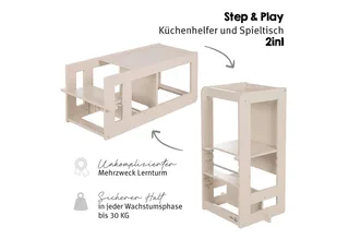 Stehhilfe 2 in 1 Lernturm "Step & Play" - aus Holz - Montessori Küchenhelfer, auch nutzbar als Tisch mit Sitz - praktisch vielseitig från roba i Beige – produktbild 3 av 5