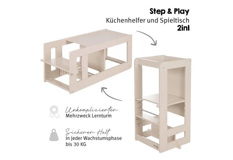 Stehhilfe 2 in 1 Lernturm "Step & Play" - aus Holz - Montessori Küchenhelfer, auch nutzbar als Tisch mit Sitz - praktisch vielseitig från roba i Beige – produktbild 3 av 5