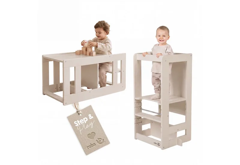 Stehhilfe 2 in 1 Lernturm "Step & Play" - aus Holz - Montessori Küchenhelfer, auch nutzbar als Tisch mit Sitz - praktisch vielseitig från roba i Beige – produktbild 1 av 5
