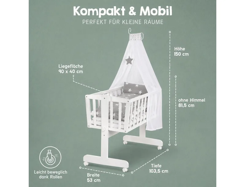 Stubenbett Komplettwiegenset "Little Stars", Stubenwagen & Wiege aus Holz in / Grau von roba in Weiß – Produktfoto 3 von 4