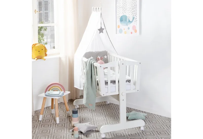 Stubenbett Komplettwiegenset "Little Stars", Stubenwagen & Wiege aus Holz in / Grau by roba in Weiß – product photo