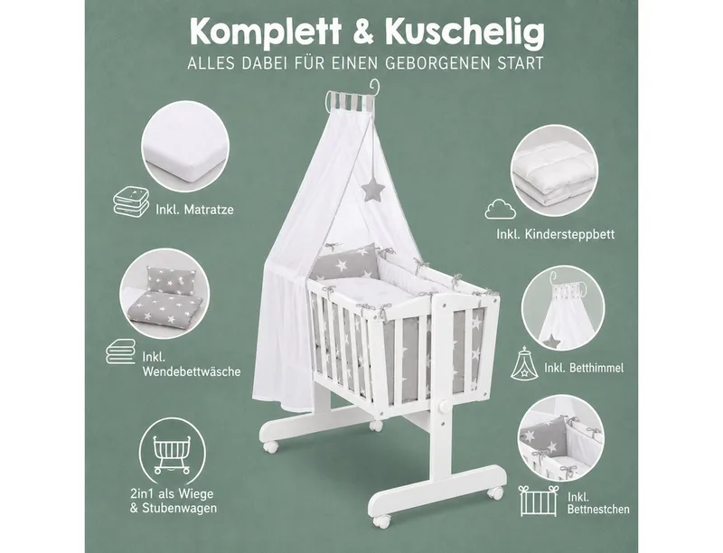 Stubenbett Komplettwiegenset "Little Stars", Stubenwagen & Wiege aus Holz in / Grau von roba in Weiß – Produktfoto 2 von 4