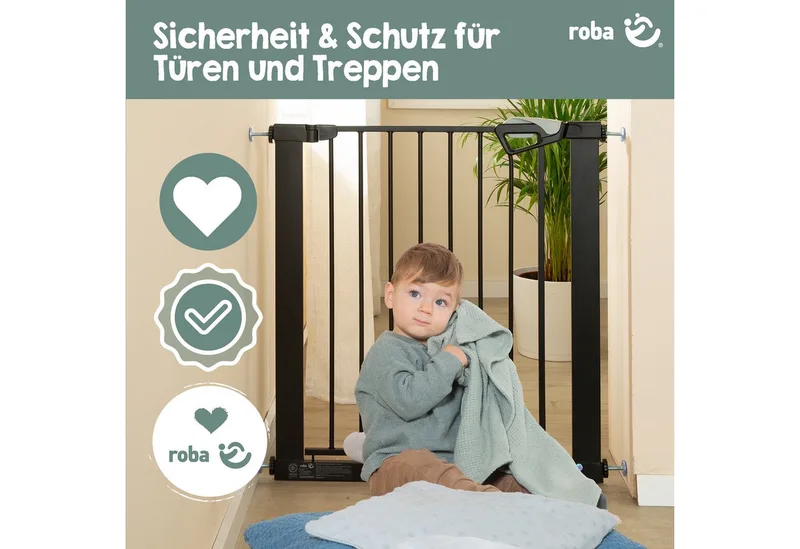 Türschutzgitter easySafe+ Tür- & Treppenschutzgitter Metall - Verstellbreite 75-82 cm, TÜV-geprüft - Ampelverschluss 90°-Stopp - Bohrfrei - Von 0-24 Monaten de roba en Noir – photo produit 2 sur 5