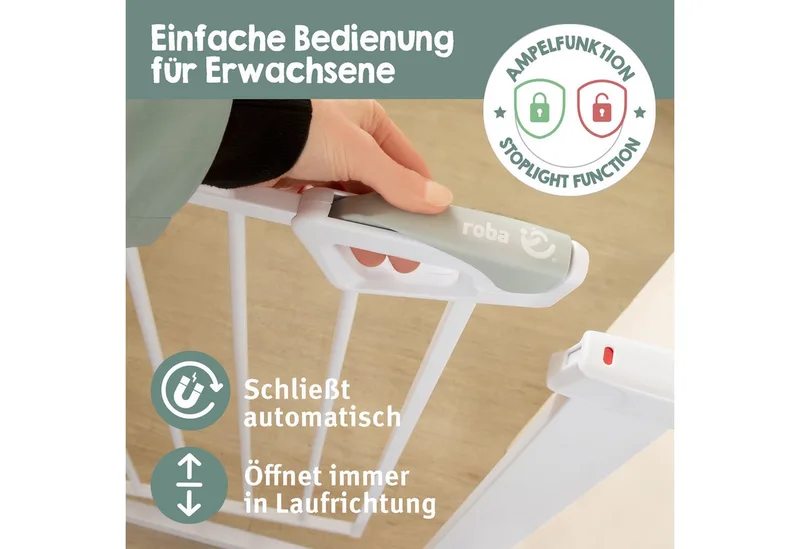 Türschutzgitter easySafe+ Tür- & Treppenschutzgitter Metall - Verstellbreite 75-82 cm, TÜV-geprüft - Ampelverschluss 90°-Stopp - Bohrfrei - Von 0-24 Monaten de roba en Blanc – photo produit 3 sur 5