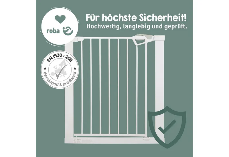 Türschutzgitter easySafe+ Tür- & Treppenschutzgitter Metall - Verstellbreite 75-82 cm, TÜV-geprüft - Ampelverschluss 90°-Stopp - Bohrfrei - Von 0-24 Monaten de roba en Blanc – photo produit 5 sur 5