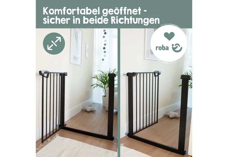 Türschutzgitter easySafe+ Tür- & Treppenschutzgitter Metall - Verstellbreite 75-82 cm, TÜV-geprüft - Ampelverschluss 90°-Stopp - Bohrfrei - Von 0-24 Monaten de roba en Noir – photo produit 5 sur 5