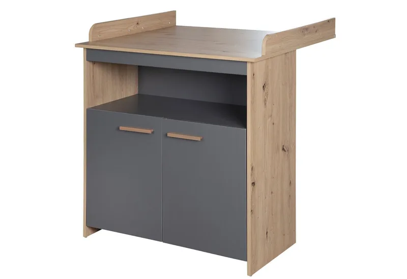 Wickelkommode Anna - aus Holz - in Anthrazit mit Dekor Kent Eiche - moderne Optik, Wickeltisch 2-türig mit abnehmbarem Aufsatz - Offenes Fach & 2 Türen fra roba i Grau – produktbillede