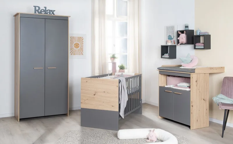 Wickelkommode Anna - aus Holz - in Anthrazit mit Dekor Kent Eiche - moderne Optik, Wickeltisch 2-türig mit abnehmbarem Aufsatz - Offenes Fach & 2 Türen by roba in Grey – product photo 2 of 5