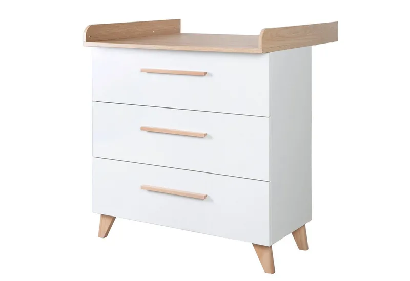 Wickelkommode Leon - aus Holz - in mit Dekor Othello Eiche - 3 Schubladen, mit Vollauszug - Füße & Griffe aus Massivholz van roba in Weiß – productfoto