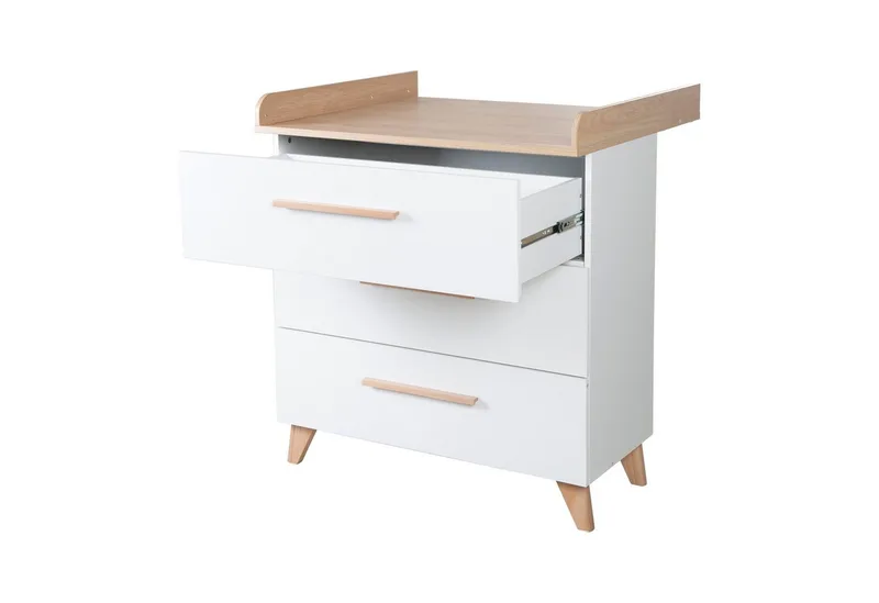 Wickelkommode Leon - aus Holz - in mit Dekor Othello Eiche - 3 Schubladen, mit Vollauszug - Füße & Griffe aus Massivholz by roba in White – product photo 3 of 4