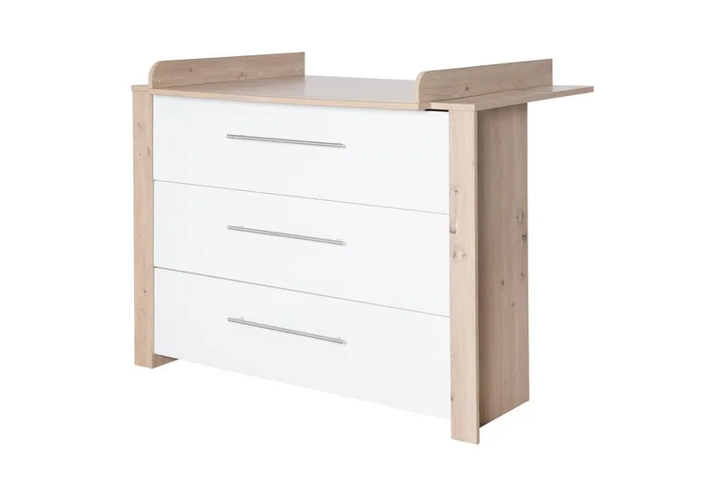 Wickelkommode Malo, moderne Wickelkommode, weiß lackiert / Artisan Eiche, Wickeltisch aus Holz, 3 Schubladen mit Vollauszug & Schubladendämpfung by roba – product photo