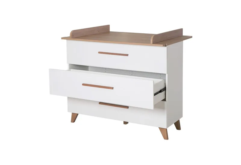 Wickelkommode Ole - Wickeltisch mit Füßen & Griffen aus massiver dunkler Eiche, abnehmbarer Wickelansatz - weiß lackiertes Holz mit Dekor Wotan Eiche by roba – product photo 3 of 5