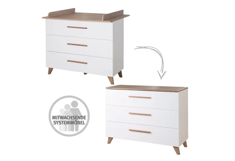 Wickelkommode Ole - Wickeltisch mit Füßen & Griffen aus massiver dunkler Eiche, abnehmbarer Wickelansatz - weiß lackiertes Holz mit Dekor Wotan Eiche by roba – product photo 5 of 5