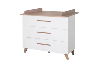 Wickelkommode Ole - Wickeltisch mit Füßen & Griffen aus massiver dunkler Eiche, abnehmbarer Wickelansatz - weiß lackiertes Holz mit Dekor Wotan Eiche by roba – product photo 1 of 5