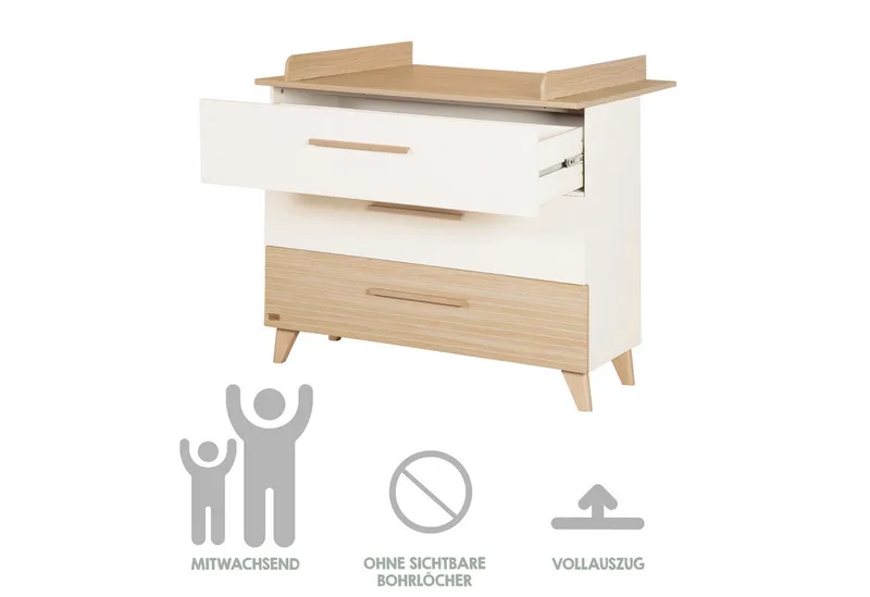 Wickelkommode Theo - Wickelkommode aus Holz in modernem Design, Wickelhöhe 90,5 cm - Schubladen mit Vollauszug - Ulme by roba in White – product photo 4 of 5