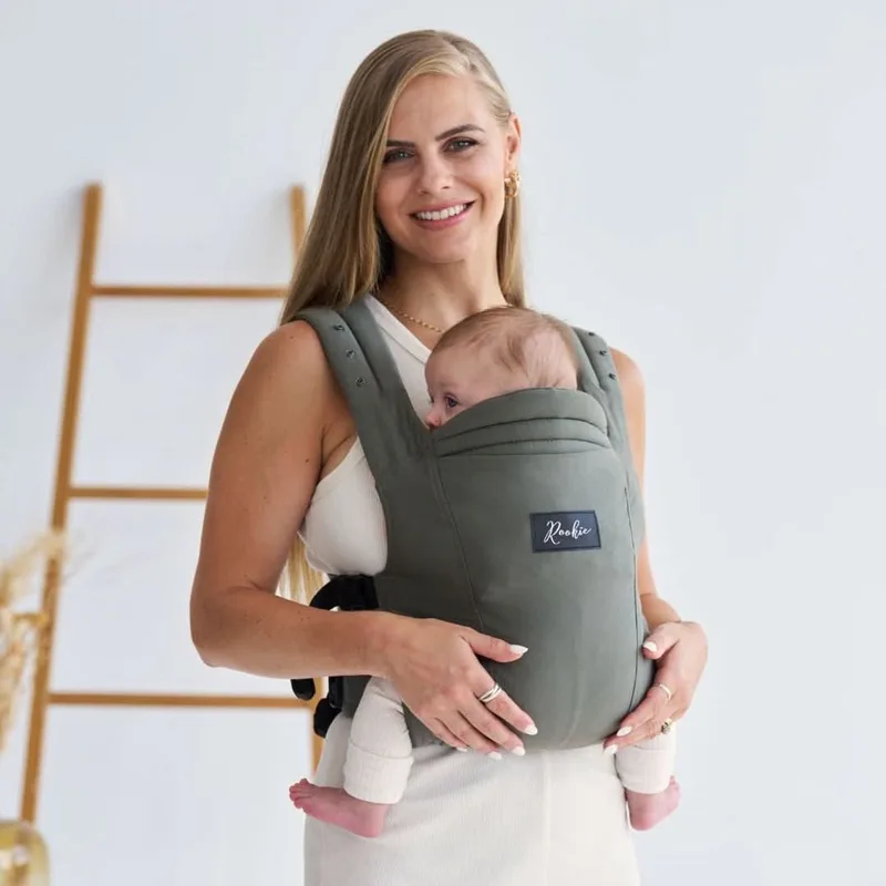 Premium Elite draagzak - Design buikdrager en rugdrager - Comfortabel en ergonomisch baby spullen - Babydrager vanaf Geboorte - Ook voor Peuter - Biologisch katoen de Rookie en Khaki – photo produit