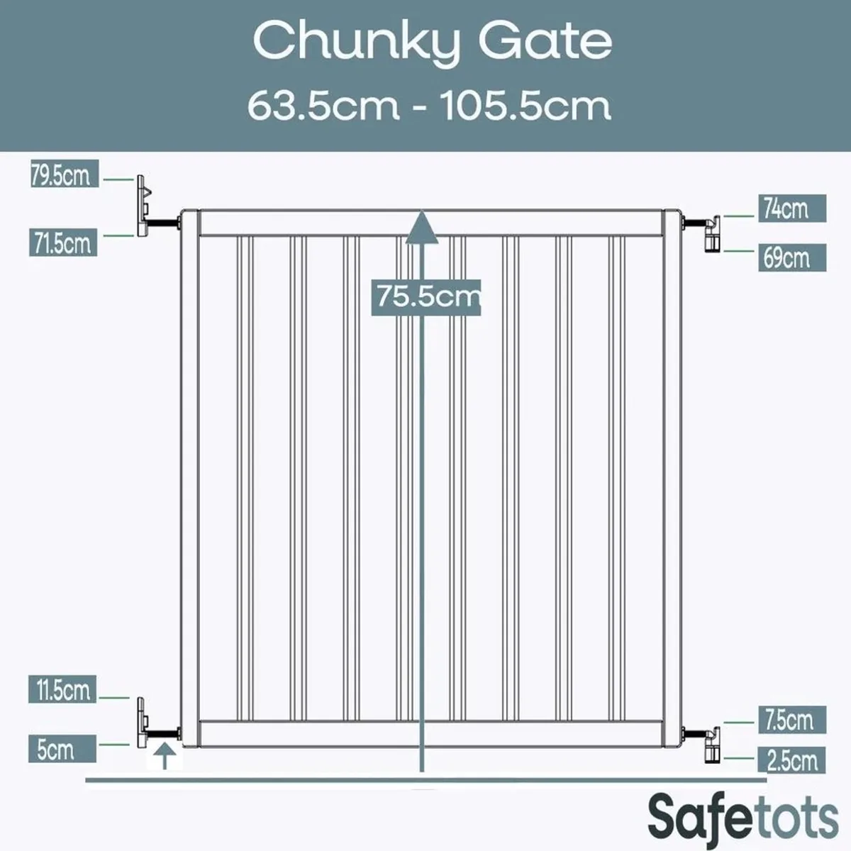 Chunky Traphekje 63,5cm-105,5cm - Schroefhekje - Schroefbevestiging - Wit - Hout - Uitschuifbaar - Draaibare muurbevestiging - Tweezijdige opening - Tweerichtings opening - Kinderbeveiliging - Eenhandige bediening de Safetots en Blanc, Hout – photo produit