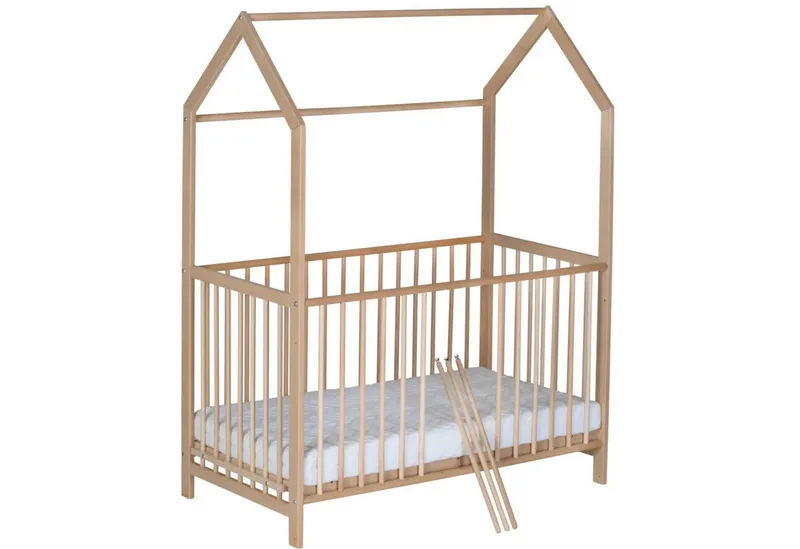 Babybett Micky 60x120cm - Natur, Babybett Hausbett Gitterbett höhenverstellbar mit 3 Schlupfsprossen by Schardt in Beige – product photo