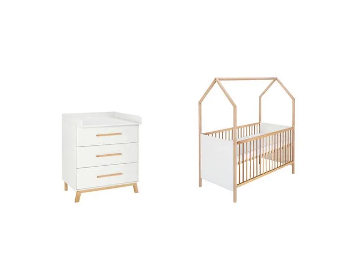 Babyzimmer Venice, Weiß, Buche, Holz, Buche, massiv, 3 Schublade(n) Schubladen, DIN EN 12221, zum Juniorbett umbaubar, Aufbauanleitung im Karton, Lattenrost inklusive, Schlupfsprossen, Babymöbel, Babyzimmer-Sets de Schardt – photo produit