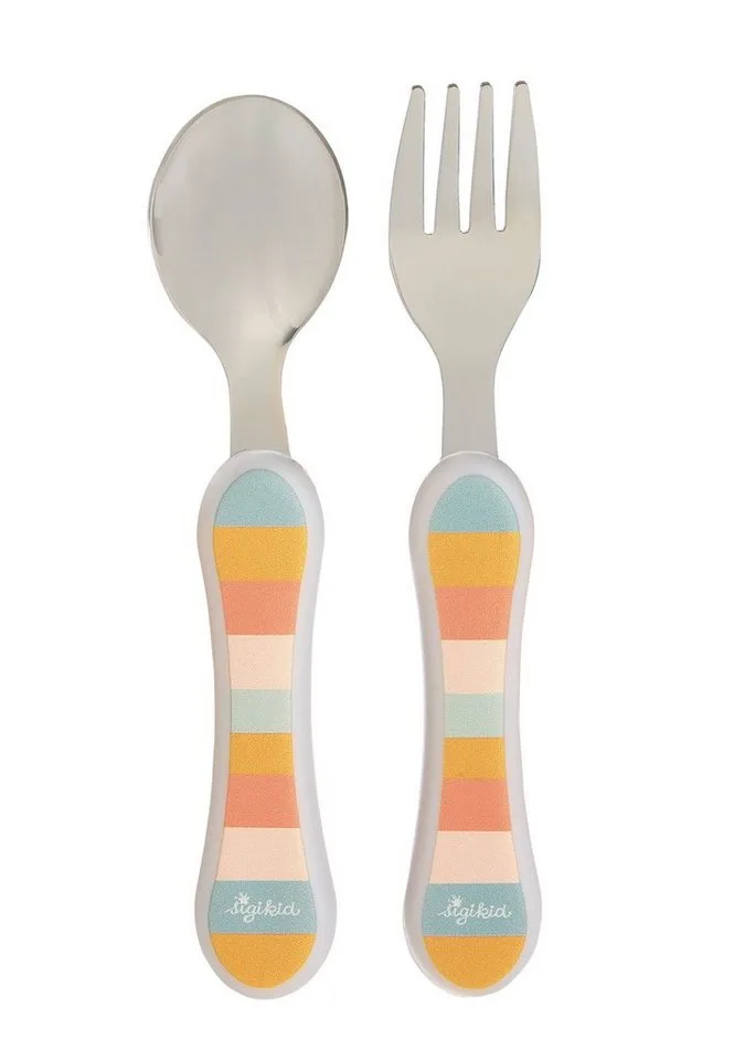 Kinderbesteck 2 tlg. Set Gabel und Löffel "4 Freunde" (2-tlg), 1 Personen, Kopf: 100% rostfreier Edelstahl, Griff: 100% ABS de sigikid en Multicolore – photo produit
