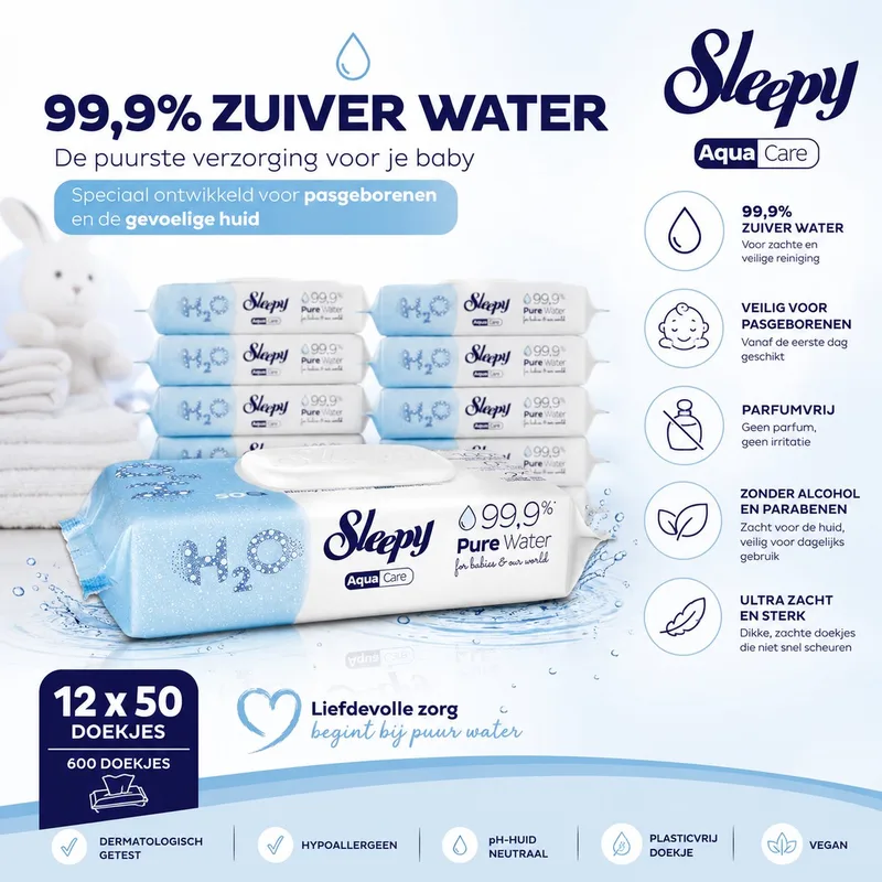 Aqua Care Pure Water Babydoekjes – 99,9% Water – Parfumvrij & Alcoholvrij – 12 x 50 – 600 Billendoekjes by Sleepy – product photo