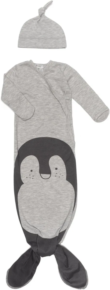 Cocon Baby Slaapzak & mutsje 0-3 mnd - Knoopslaapzak + krabwantjes - Geknoopte Slaapzak 50/56 - Grijs by Snoozebaby in Grey Melange Pinguin – product photo