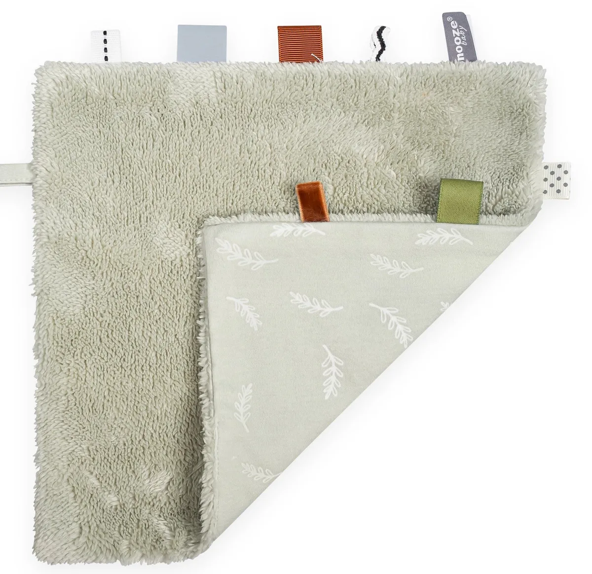 Knuffeldoekje - Speendoekje 25x25 cm met zacht pluche en labeltjes - Olive Green van Snoozebaby in Groen – Olive Green – productfoto