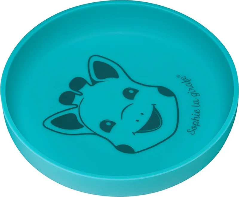 bord - Kinder servies - Kinderbord - Vaatwasser- en magnetronbestendig - Siliconen - In witte/rode geschenkdoos van Sophie de Giraf in Blauw – productfoto