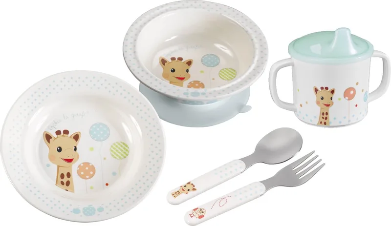 eetsetje (plat bord met anti-slip onderkant + diep bord met anti-slip zuignap + tuitbeker + vork en lepel) met blauwe balonnen print, in geschenkkoffertje van Sophie de Giraf in Beige – productfoto