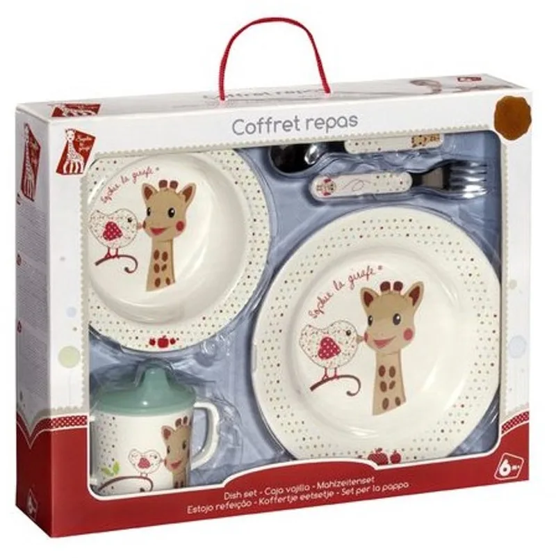 eetsetje (plat bord met anti-slip onderkant + diep bord met anti-slip zuignap + tuitbeker + vork en lepel) met roze Kiwi print, in geschenkkoffertje van Sophie de Giraf in Wit – productfoto