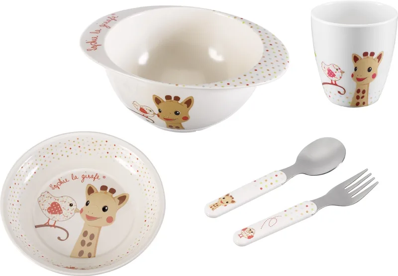 maaltijdset (diep bord + schaaltje + drinkbeker + vork en lepel) met roze Kiwi print, in staande blister van Sophie de Giraf in Rood – productfoto