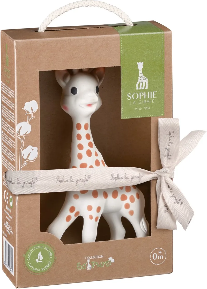 So'Pure - Bijtspeeltje - Bijtspeelgoed - Baby speelgoed - OK-Biobased - In gerecyled geschenkdoosje met organic katoenen strikje - 100% natuurlijk rubber - Vanaf 0 maanden - 17 cm - Beige/Bruin van Sophie de Giraf in Bruin – productfoto