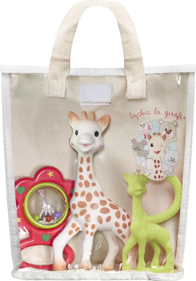 Sophie de giraf Cadeauset in Katoenen cadeautas - Sophie de giraf, Rammelaar & Bijtring - Kraamcadeau - Babyshower cadeau - 4-Delig van Sophie la Girafe in Rood – productfoto