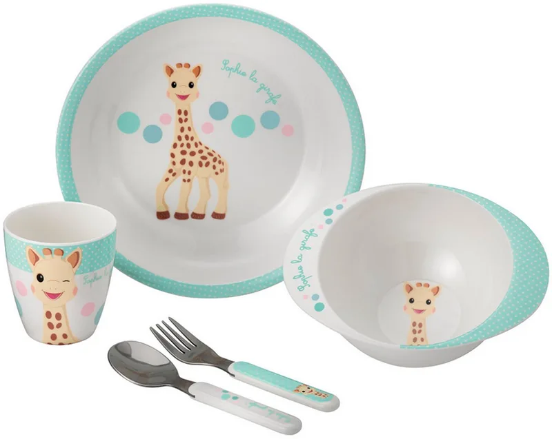 Sophie de Giraf maaltijdset (diep bord + schaaltje + drinkbeker + vork en lepel) met mint Kiwi print, in staande blister från Sophie la Girafe i Flerfärgad – produktbild