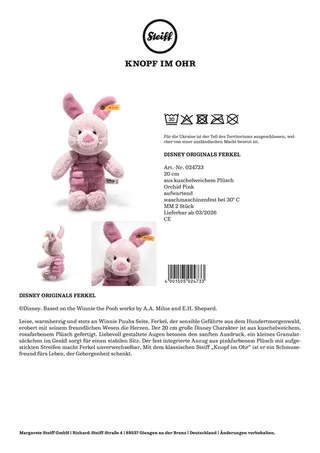 Kuscheltier Disney Originals Ferkel 20cm de Steiff en Rose, 20 × 11 × 8 mm – photo produit 2 sur 2