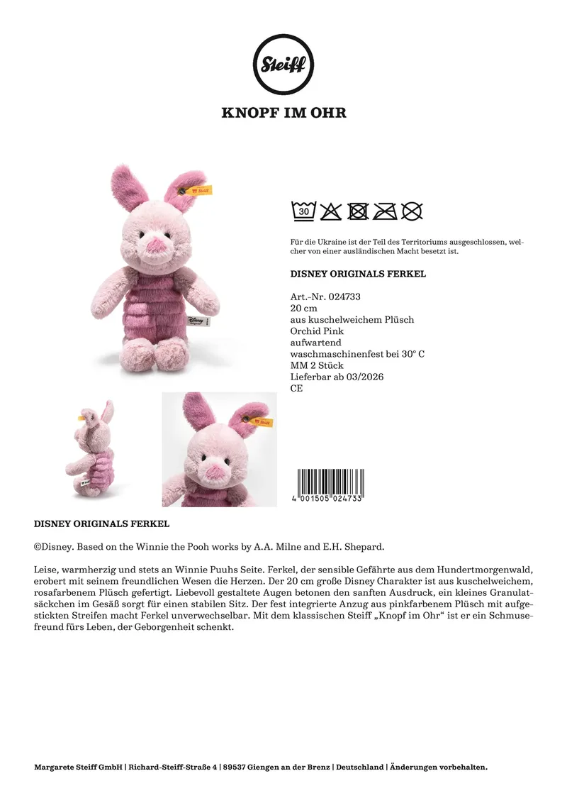 Kuscheltier Disney Originals Ferkel 20cm de Steiff en Rose, 20 × 11 × 8 mm – photo produit 2 sur 2