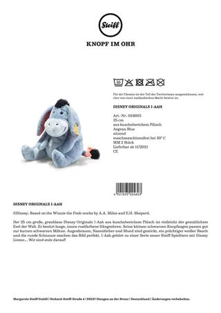 Kuscheltier Disney Originals I-Aah 25cm fra Steiff i Blå, 25 × 17 × 13 mm – produktbillede 3 af 3