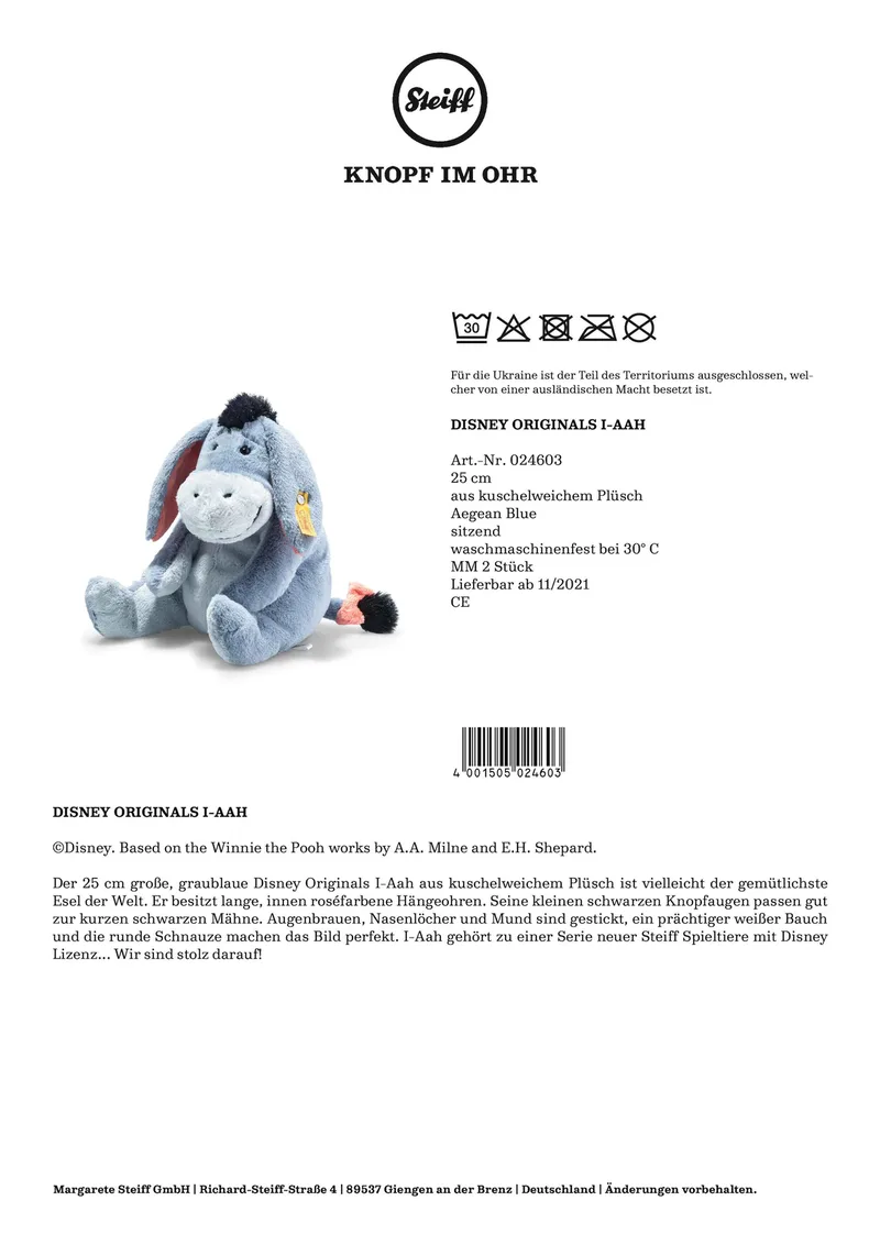 Kuscheltier Disney Originals I-Aah 25cm fra Steiff i Blå, 25 × 17 × 13 mm – produktbillede 3 af 3