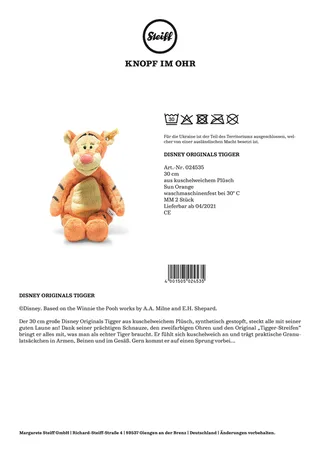 Knuffel Disney Originals Teigetje 30cm van Steiff in Oranje, 30 × 17 × 12 mm – productfoto 3 van 3