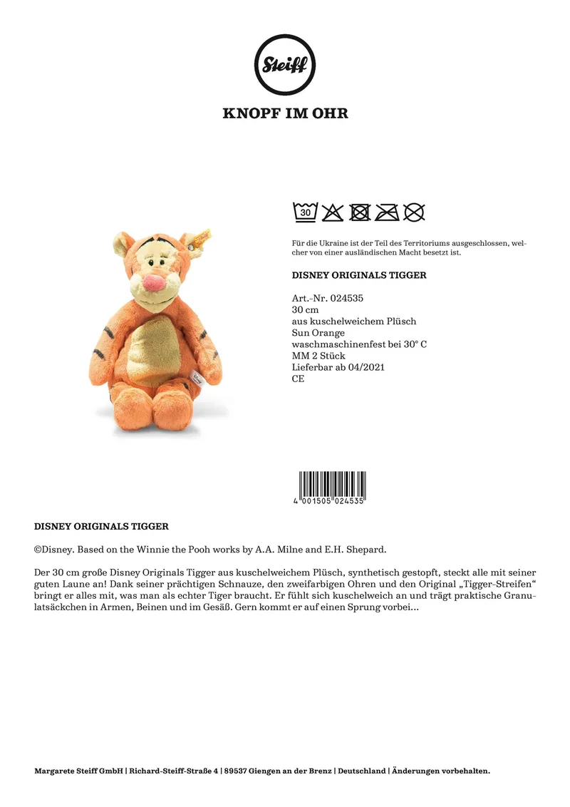 Knuffel Disney Originals Teigetje 30cm van Steiff in Oranje, 30 × 17 × 12 mm – productfoto 3 van 3