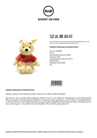 Peter Plys - Disney Originals bamse 29 cm fra Steiff i Gul, 29 × 20 × 13 mm – produktbillede 3 af 3