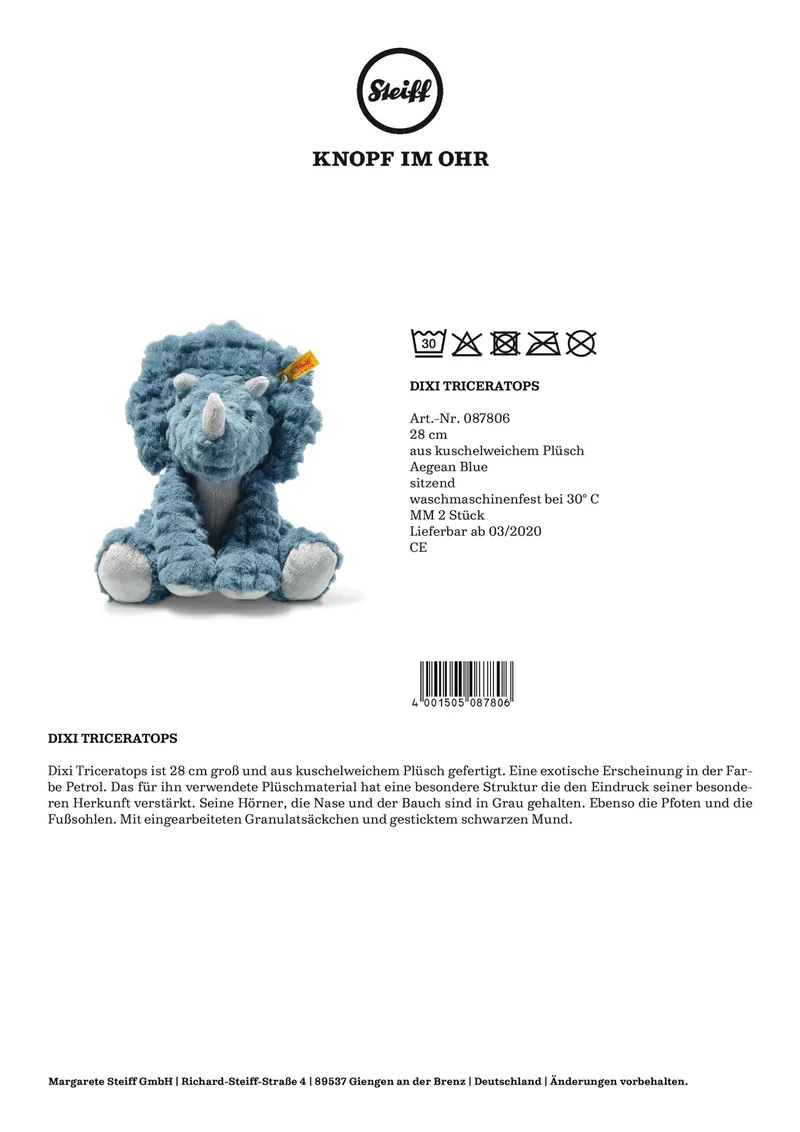 Kuscheltier Dixi Triceratops 28cm van Steiff in Blauw, 28 × 18 × 16 mm – productfoto 2 van 2