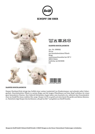Kuscheltier Harper Hochlandkuh 24cm van Steiff in Beige, 24 × 19 × 19 mm – productfoto 3 van 3