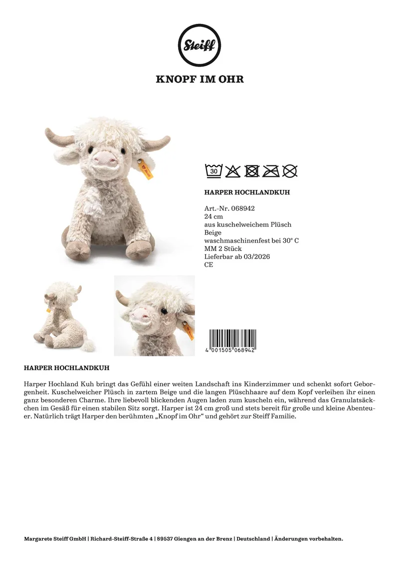 Kuscheltier Harper Hochlandkuh 24cm van Steiff in Beige, 24 × 19 × 19 mm – productfoto 3 van 3