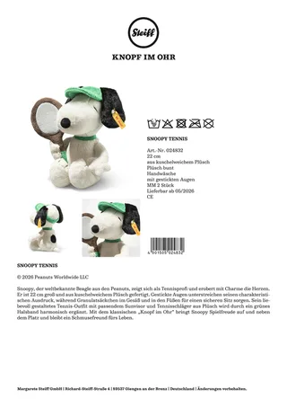 Kuscheltier Snoopy Tennis 22cm von Steiff in Mehrfarbig, 22 × 14 × 11 mm – Produktfoto 3 von 3