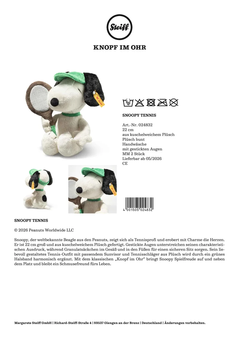 Kuscheltier Snoopy Tennis 22cm von Steiff in Mehrfarbig, 22 × 14 × 11 mm – Produktfoto 3 von 3