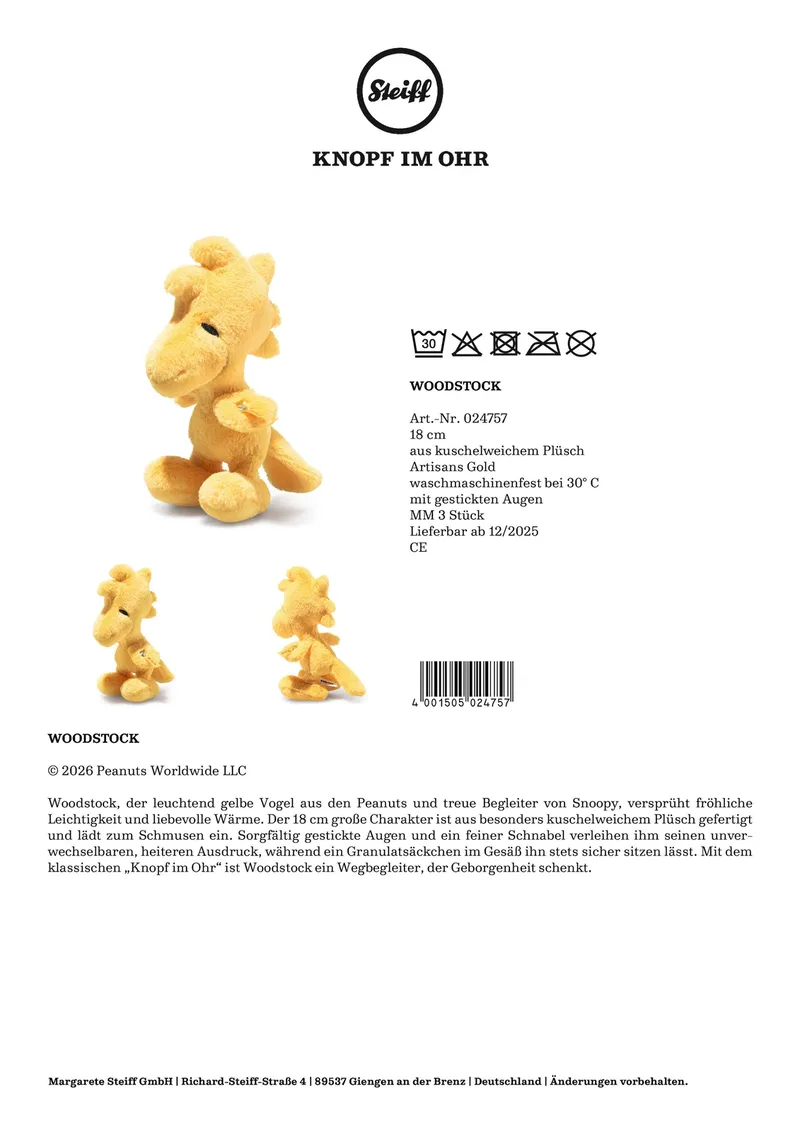 Kuscheltier Woodstock 18cm från Steiff i Gul, 18 × 11 × 7 mm – produktbild 3 av 3