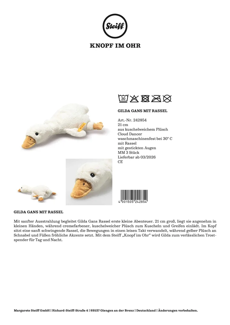 Rassel Gilda Gans fra Steiff i Hvid, 21 × 15 × 7 mm – produktbillede 2 af 2